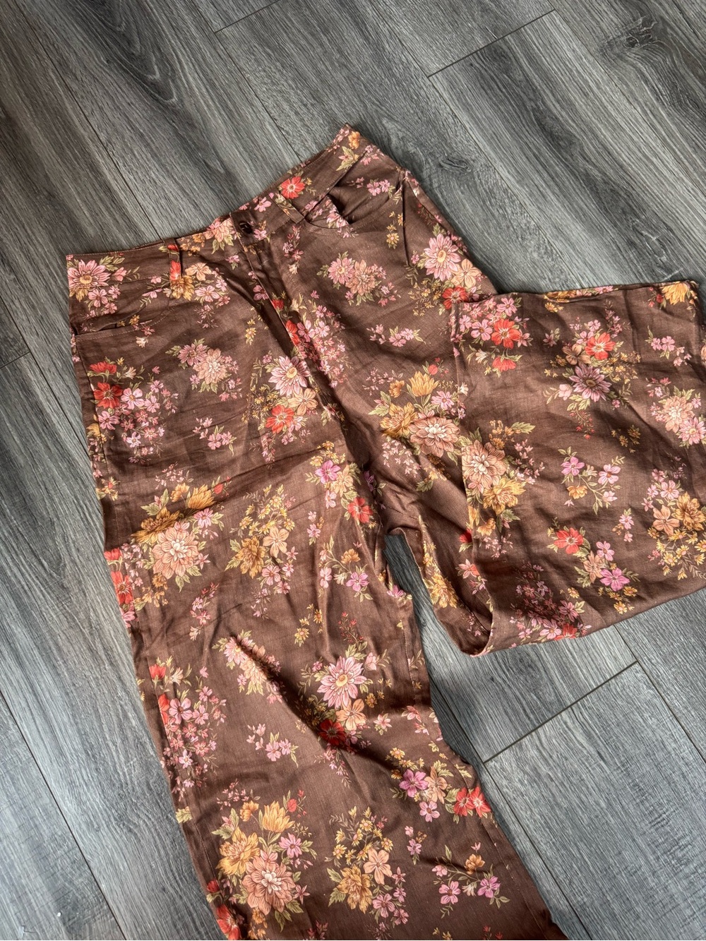 Spell Brown Floral Wide-Leg Pants with Pink & Orange Blooms